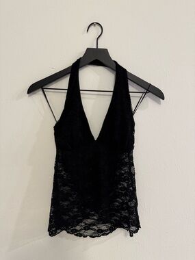 Black Lace Halter V-Neck Tank Top
